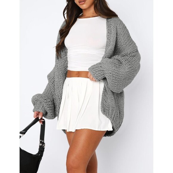 Womens Trendy Cardigan Sweaters Light Grey Long Sleeve Chunky Knit Outfits - Picture 5 of 8